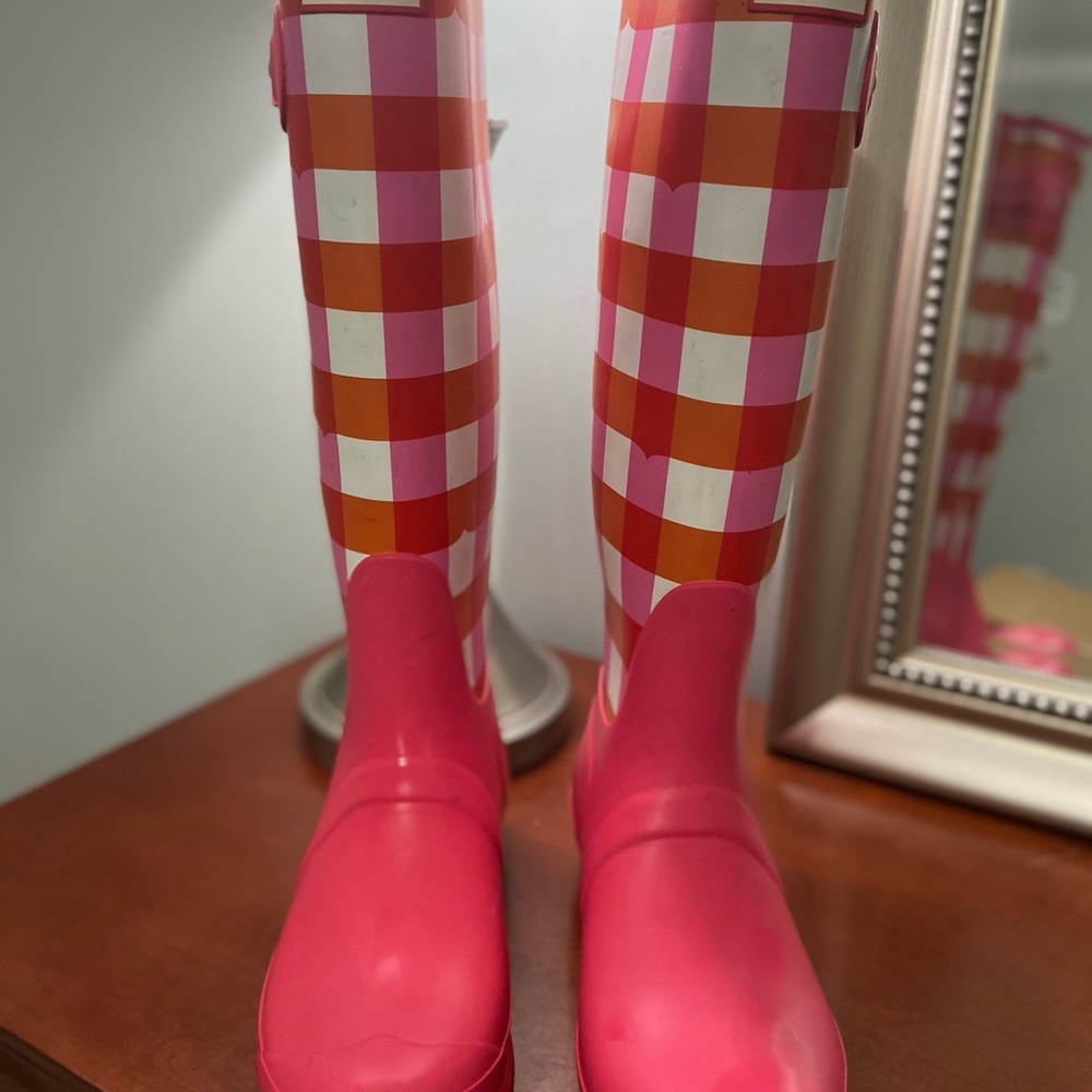 Hunter Shoes PINK Gingham Plaid Tall Rain Boots / 10 Womens
